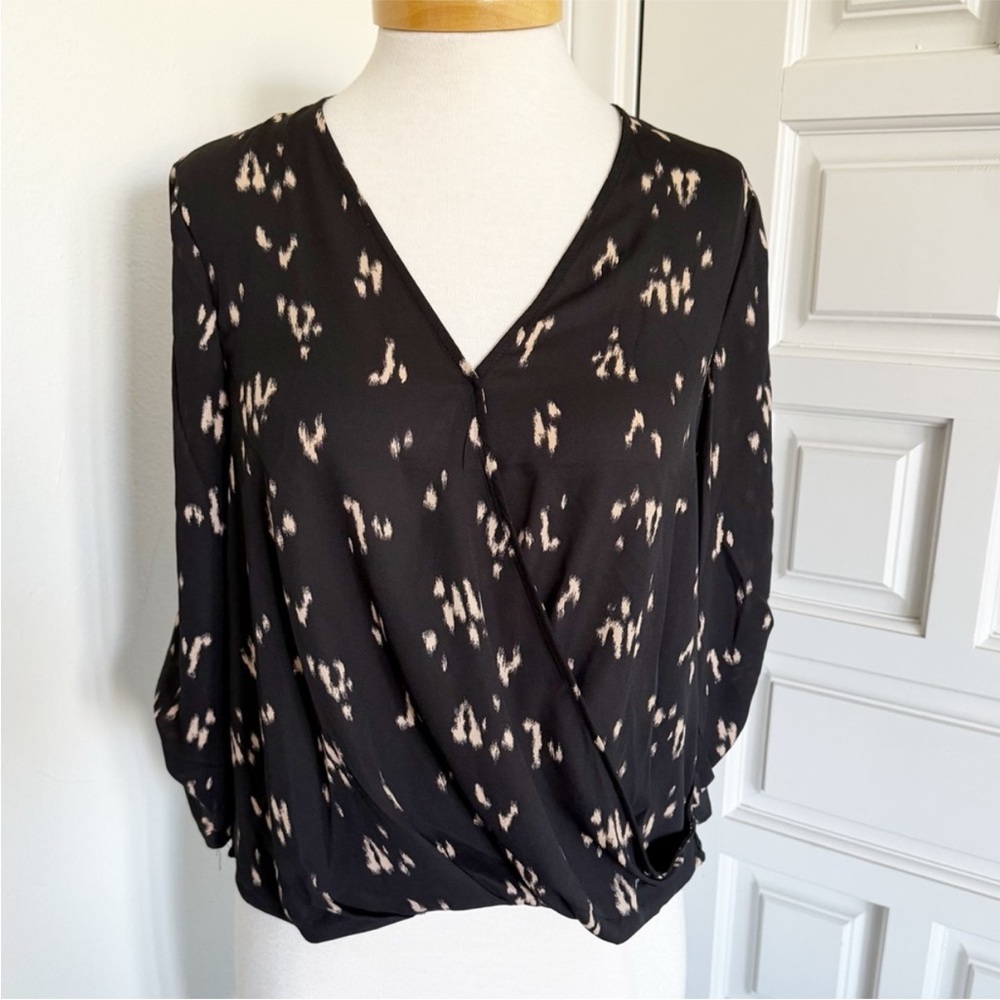 NWOT All In Favor Surplice Blouse Black Tan Cream Pattern Size XS